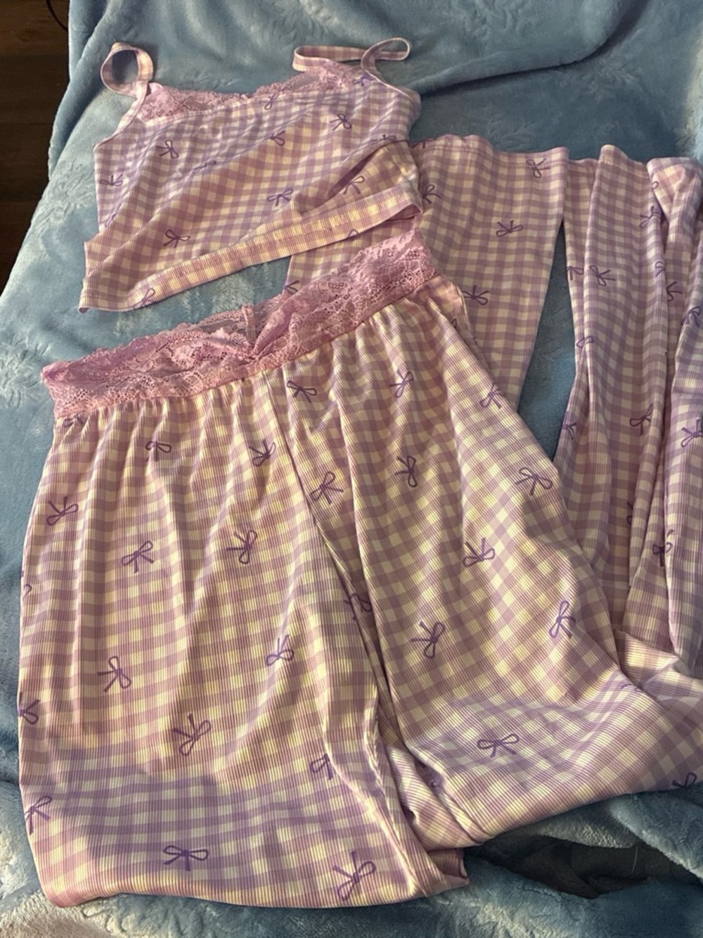 Lavender Gingham Lace-Trim Pajama Set - Women
